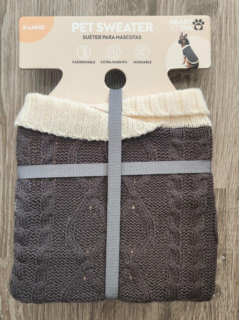 Heart to Tail Cream & Charcoal Cable Knit Pet Sweater - X-Large NWT